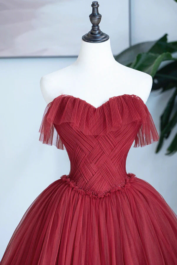 Wholesale Burgundy Strapless Tulle Long Formal Dress Sweetheart Neckline Evening Dress